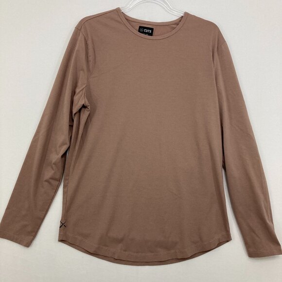 CUTS Taupe Tan Curve Hem Crew Neck Signature Fit Stretch Shirt Mens Large - Picture 1 of 9